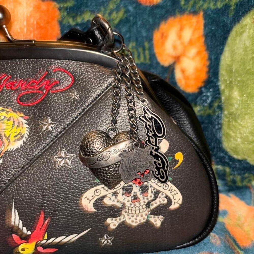 Ed Hardy Y2K Tattoo Embroidered Rhinestone Mini Handbag Purse Black NWT - Picture 2 of 3